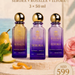 EVIORA Summer Trio offer: ROSALÉA, SERORA and ELYORA, 3 × 50 ml, AED 599 instead of AED 720